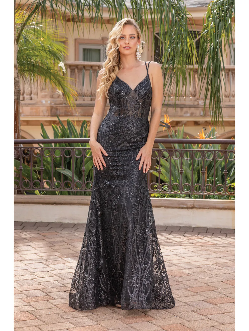 DQ 4336 - Glitter Pattern fit & Flare Prom Gown with Sheer Boned Bodice & Corset Back