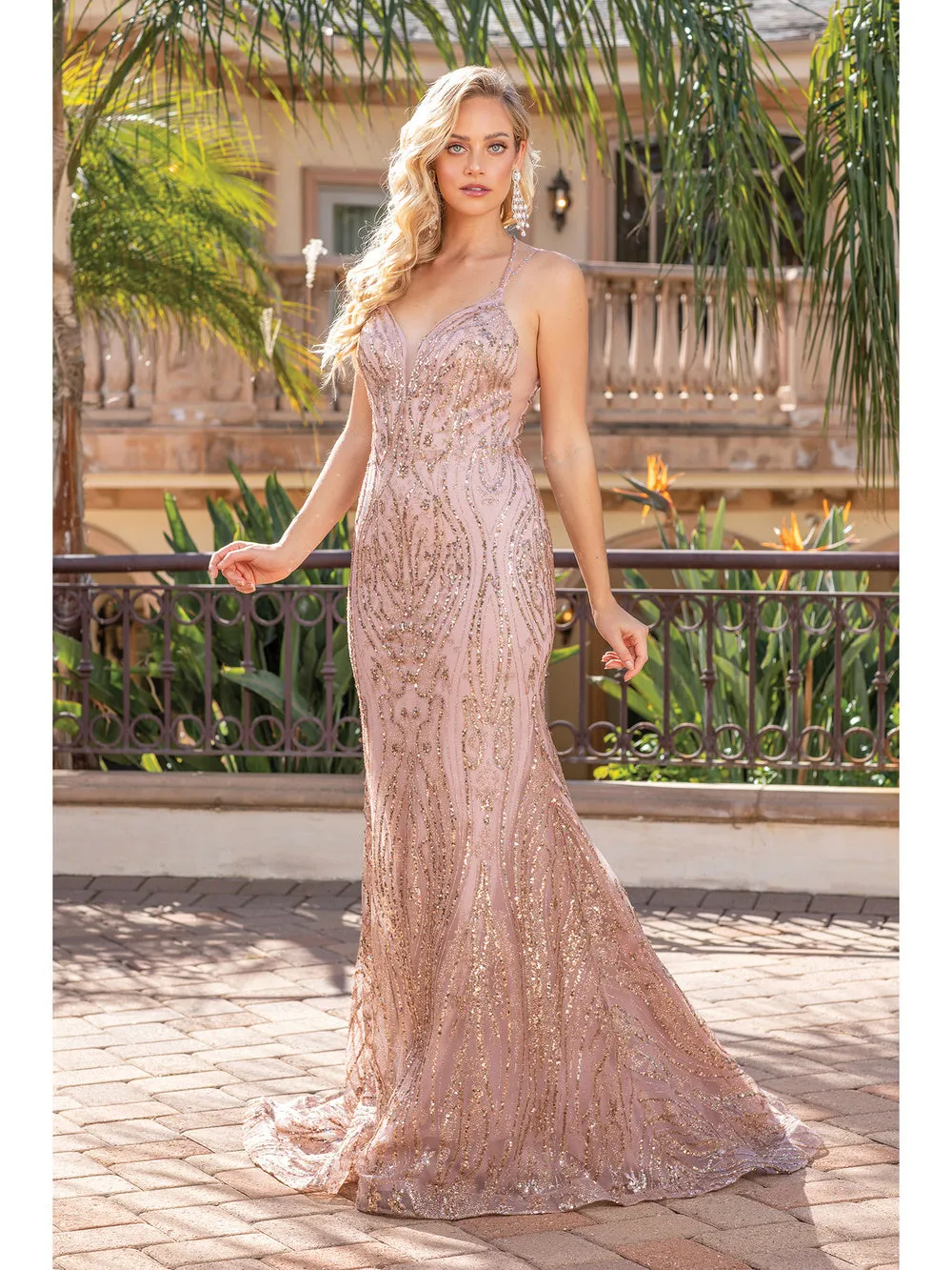 DQ 4337 - Glitter Pattern Fit & Flare Prom Gown with Corset Back