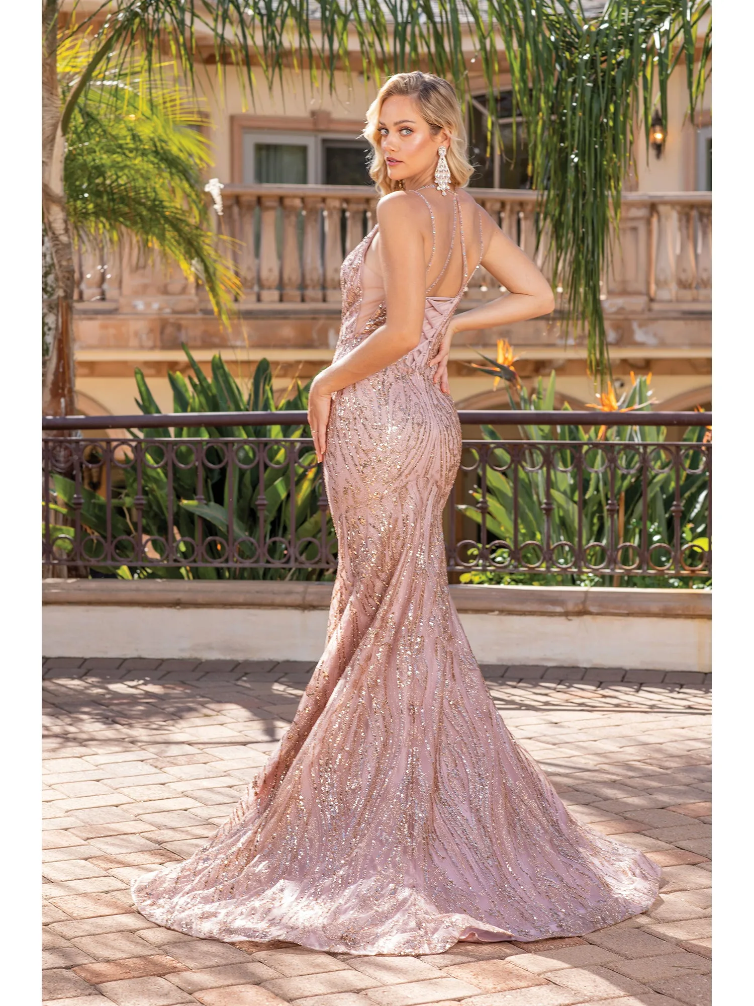 DQ 4337 - Glitter Pattern Fit & Flare Prom Gown with Corset Back
