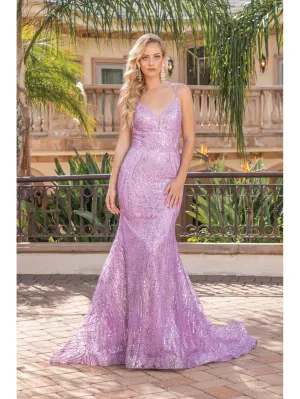 DQ 4337 - Glitter Pattern Fit & Flare Prom Gown with Corset Back
