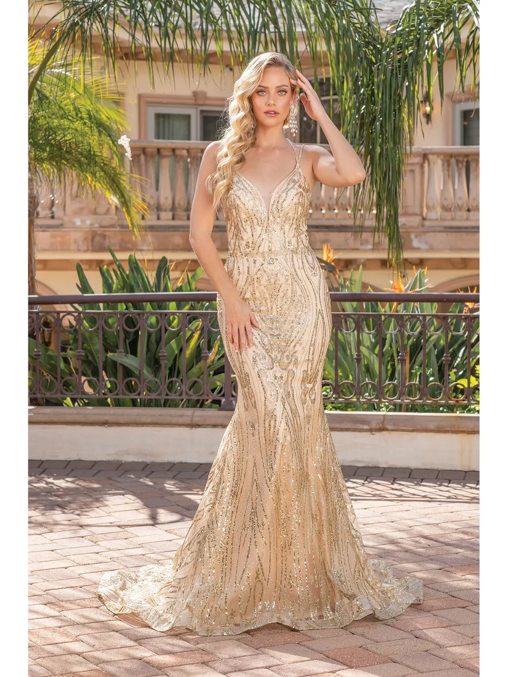 DQ 4337 - Glitter Pattern Fit & Flare Prom Gown with Corset Back