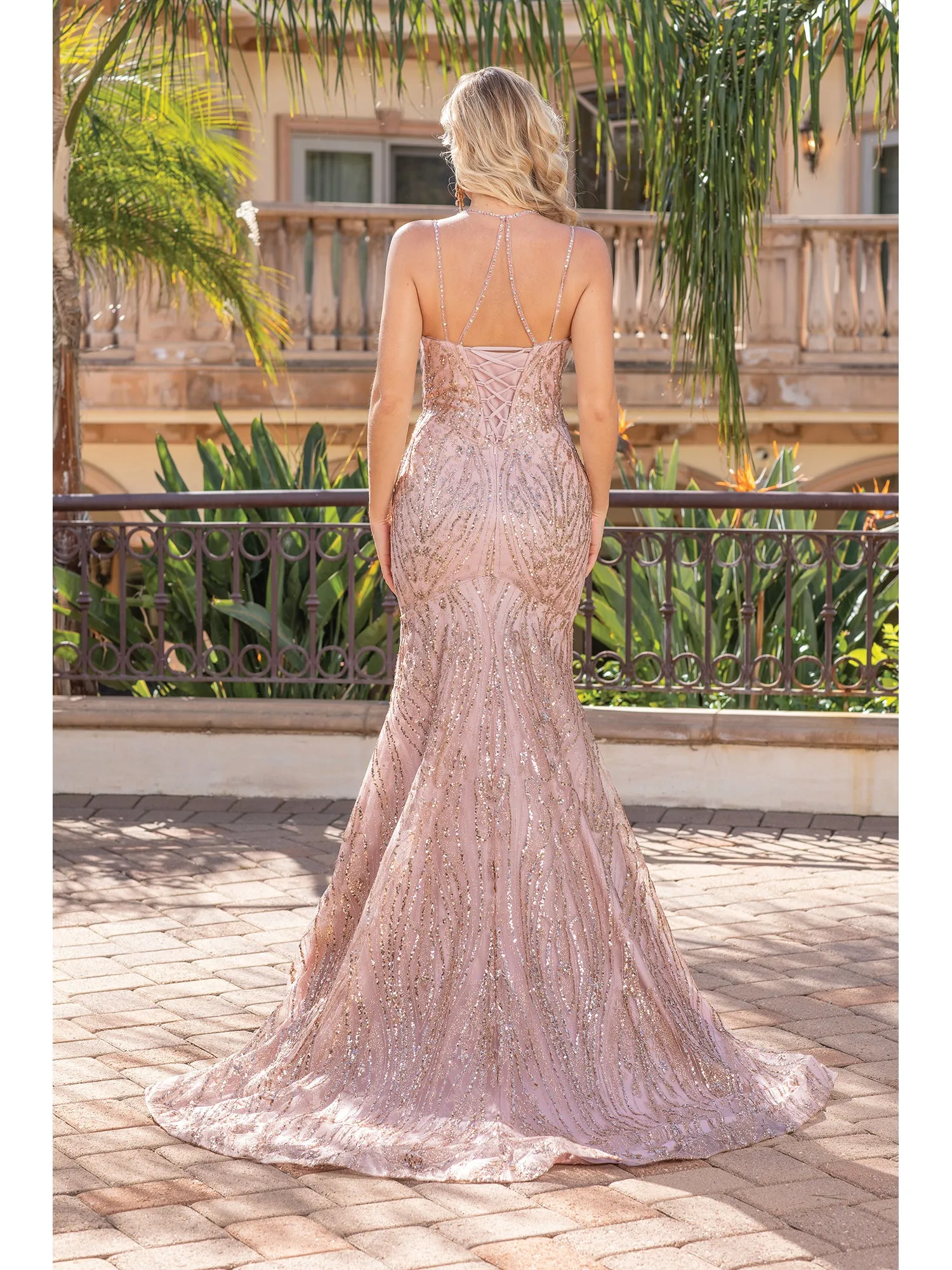 DQ 4337 - Glitter Pattern Fit & Flare Prom Gown with Corset Back