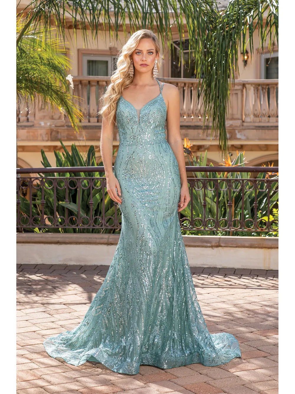 DQ 4337 - Glitter Pattern Fit & Flare Prom Gown with Corset Back