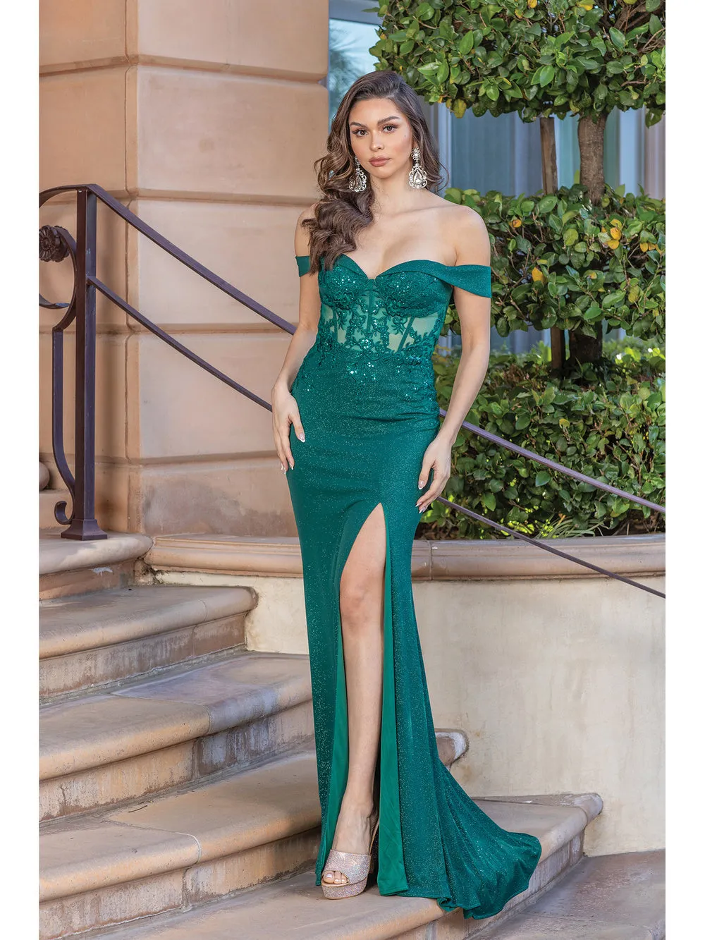 DQ 4344 - Fit & Flare Off Shoulder Boned Bodice Prom Gown with Leg Slit