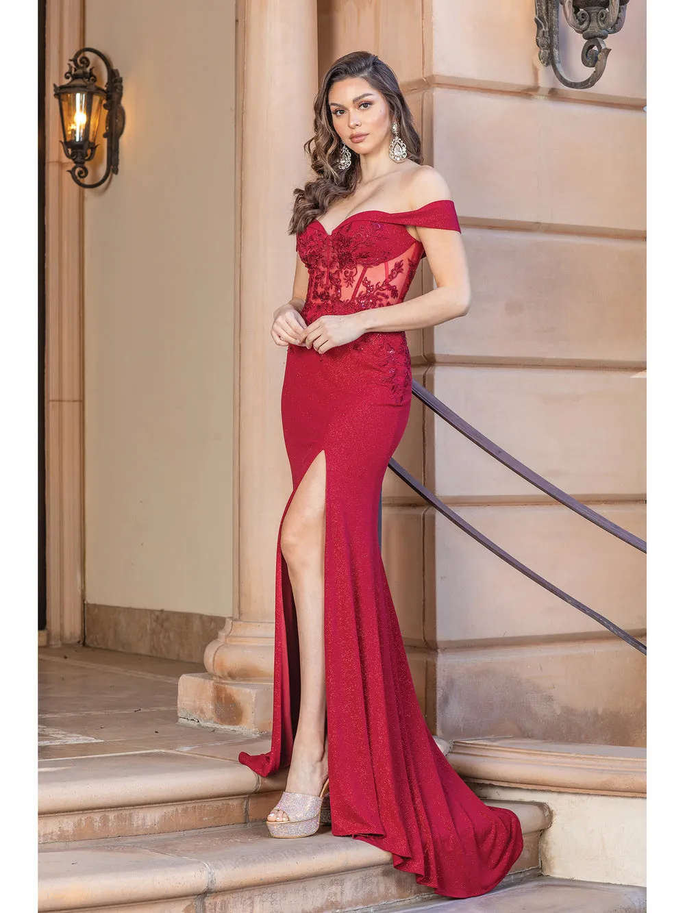DQ 4344 - Fit & Flare Off Shoulder Boned Bodice Prom Gown with Leg Slit