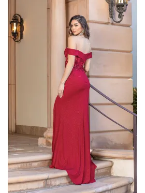 DQ 4344 - Fit & Flare Off Shoulder Boned Bodice Prom Gown with Leg Slit