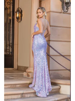 DQ 4349 - Full Sequin Scoop Neck Fit & Flare Prom Gown with Corset Back & Leg Slit