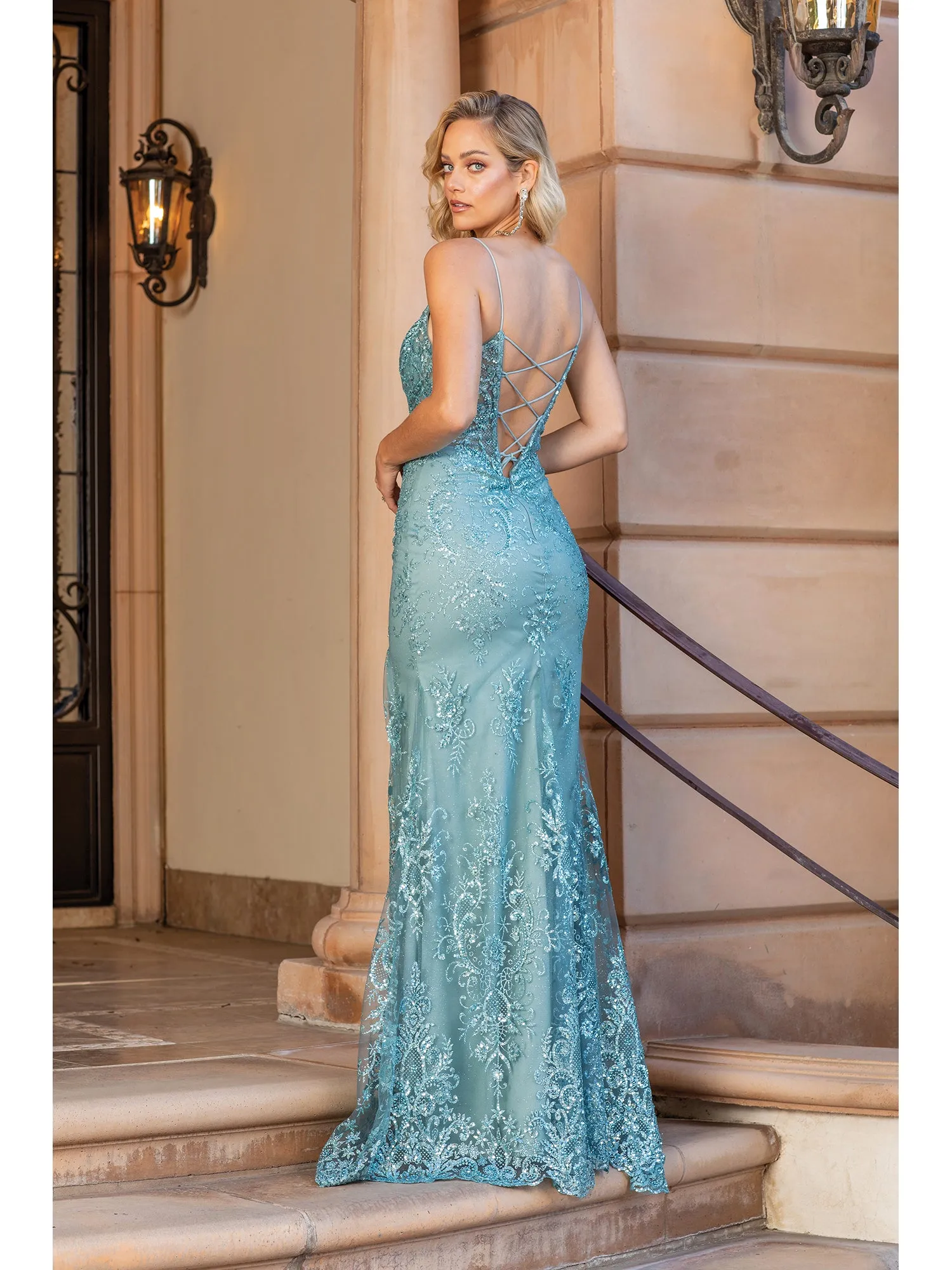 DQ 4354 - Glitter Pattern Fit & Flare Prom Gown with Sheer Boned Bodice Leg Slit & Corset Back
