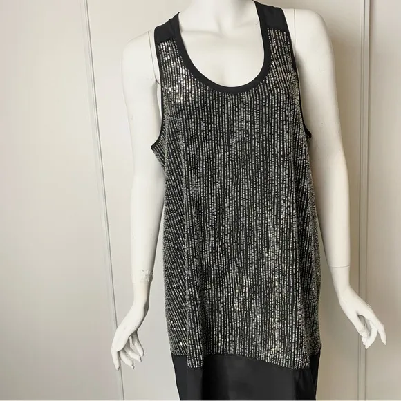 Eileen Fisher 100% Silk U-Neck Sequin Rivulet Black Cocktail Dress- Size Medium