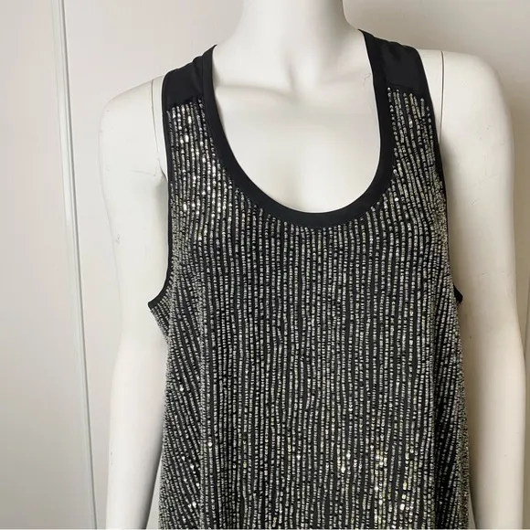 Eileen Fisher 100% Silk U-Neck Sequin Rivulet Black Cocktail Dress- Size Medium