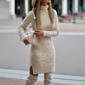 Elegant Knitted Wrap Hip Skirt Long Sleeve Dress