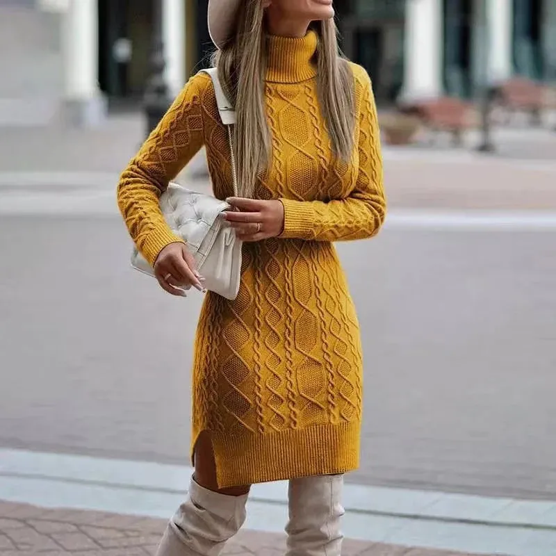Elegant Knitted Wrap Hip Skirt Long Sleeve Dress