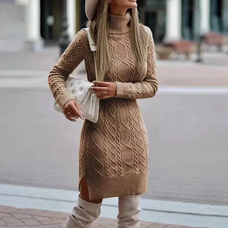 Elegant Knitted Wrap Hip Skirt Long Sleeve Dress