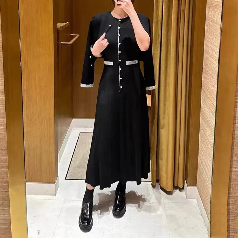 Elegant Pearl-Decorated Knitted Long Dress