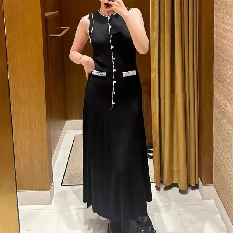Elegant Pearl-Decorated Knitted Long Dress
