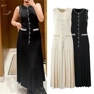 Elegant Pearl-Decorated Knitted Long Dress