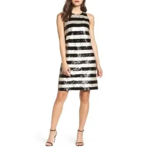 Eliza J Sequin Striped Shift Cocktail Gold Black Reversible Sequin Dress Size 8