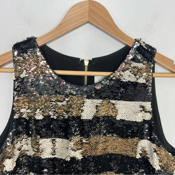 Eliza J Sequin Striped Shift Cocktail Gold Black Reversible Sequin Dress Size 8