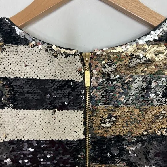 Eliza J Sequin Striped Shift Cocktail Gold Black Reversible Sequin Dress Size 8