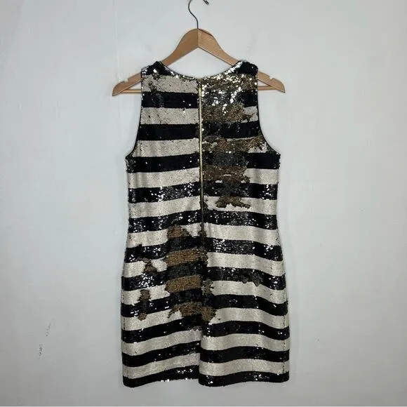 Eliza J Sequin Striped Shift Cocktail Gold Black Reversible Sequin Dress Size 8