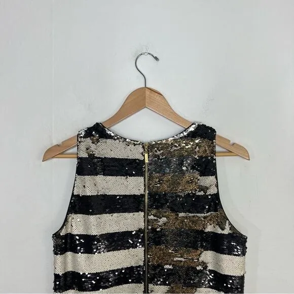 Eliza J Sequin Striped Shift Cocktail Gold Black Reversible Sequin Dress Size 8