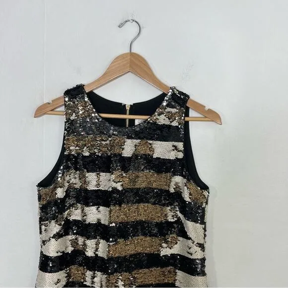 Eliza J Sequin Striped Shift Cocktail Gold Black Reversible Sequin Dress Size 8