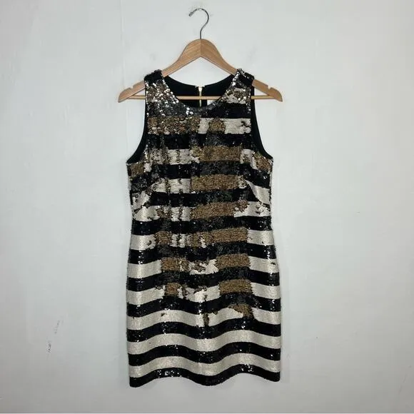 Eliza J Sequin Striped Shift Cocktail Gold Black Reversible Sequin Dress Size 8
