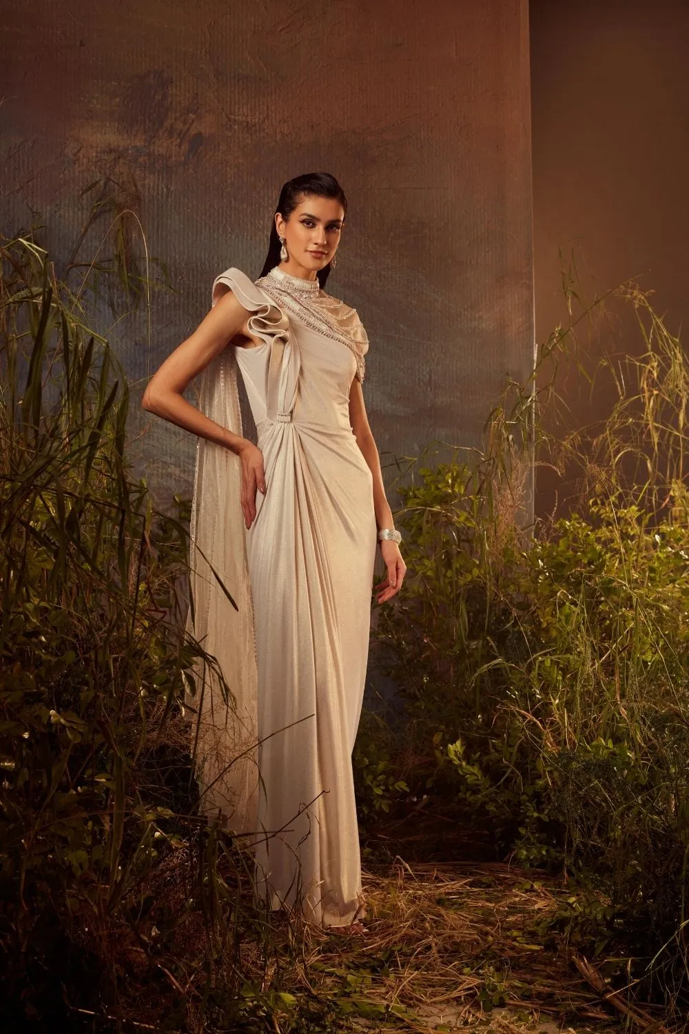 Embroidered cape with drape saree gown set