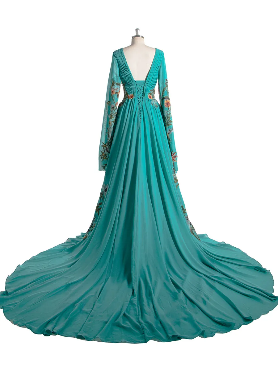 Embroidered Wedding Dress Colorful Floral Lace Texture Pleated Crepe Chiffon Wedding Gown YE2532