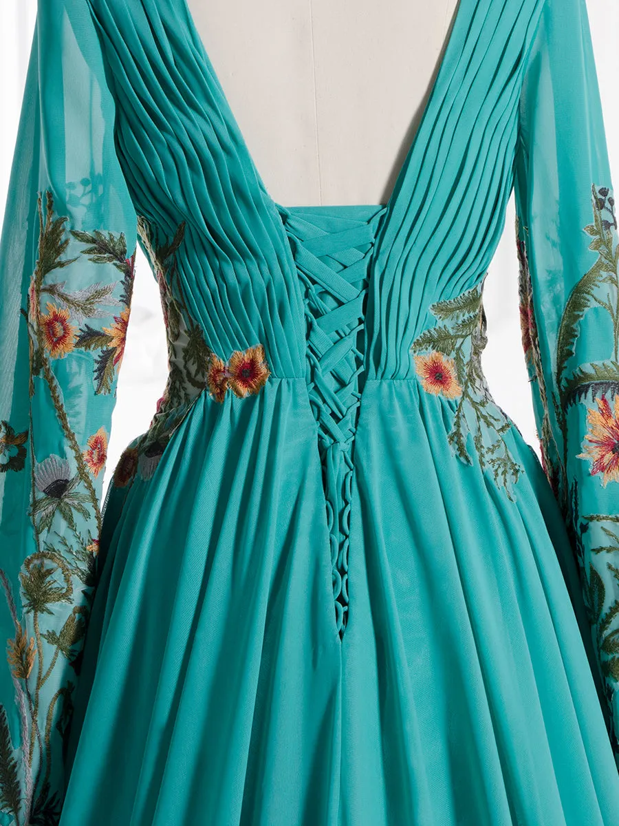 Embroidered Wedding Dress Colorful Floral Lace Texture Pleated Crepe Chiffon Wedding Gown YE2532