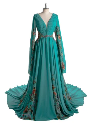 Embroidered Wedding Dress Colorful Floral Lace Texture Pleated Crepe Chiffon Wedding Gown YE2532