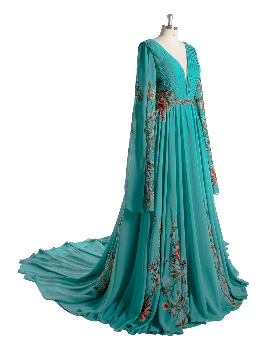 Embroidered Wedding Dress Colorful Floral Lace Texture Pleated Crepe Chiffon Wedding Gown YE2532