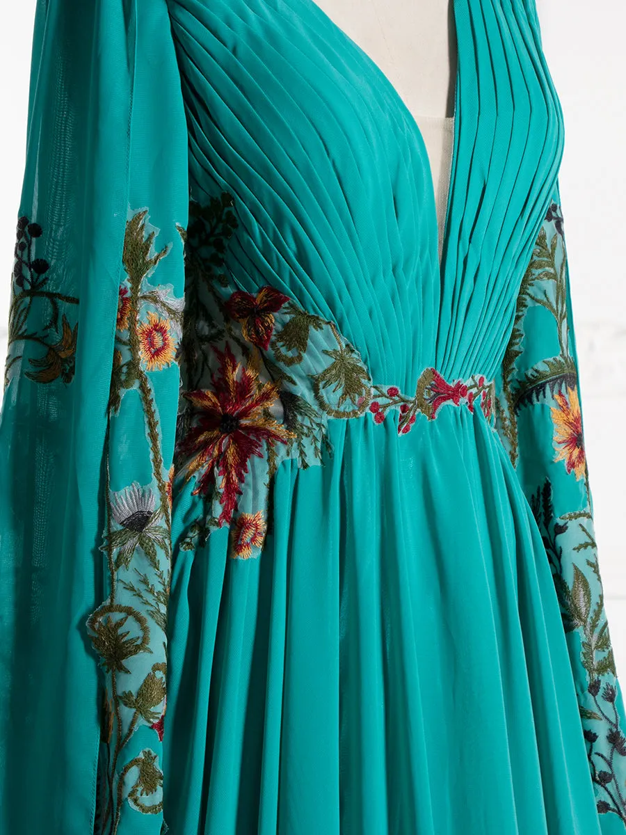 Embroidered Wedding Dress Colorful Floral Lace Texture Pleated Crepe Chiffon Wedding Gown YE2532