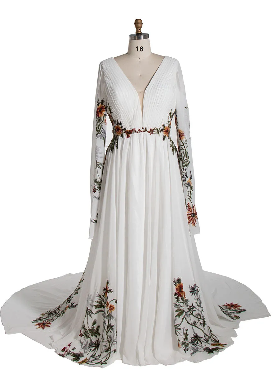 Embroidered Wedding Dress Colorful Floral Lace Texture Pleated Crepe Chiffon Wedding Gown YE2532
