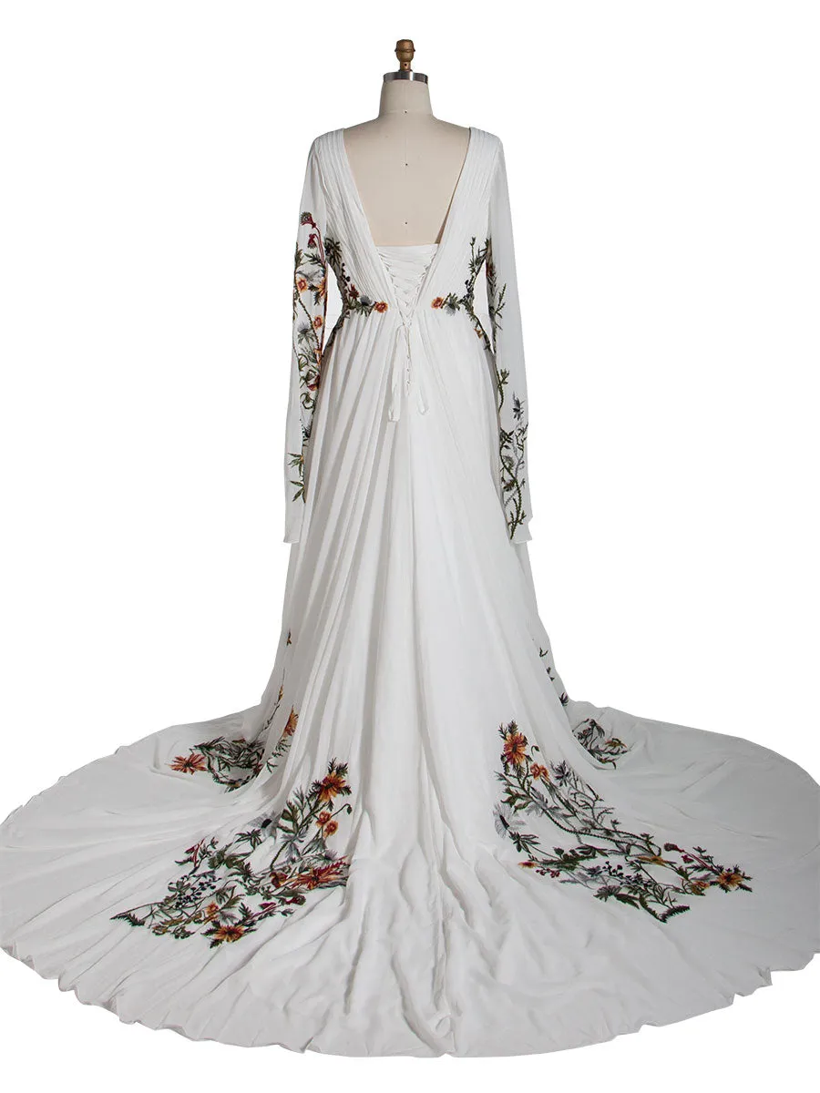 Embroidered Wedding Dress Colorful Floral Lace Texture Pleated Crepe Chiffon Wedding Gown YE2532