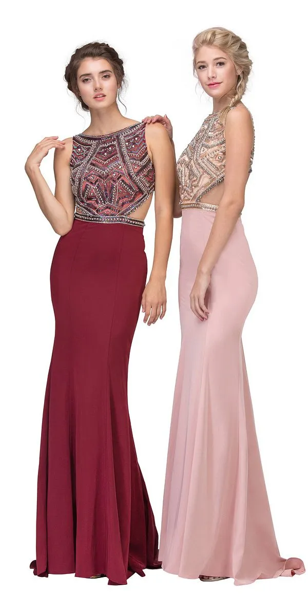 Eureka 6200 Long Beaded Cut Out Bodice Fitted Gown