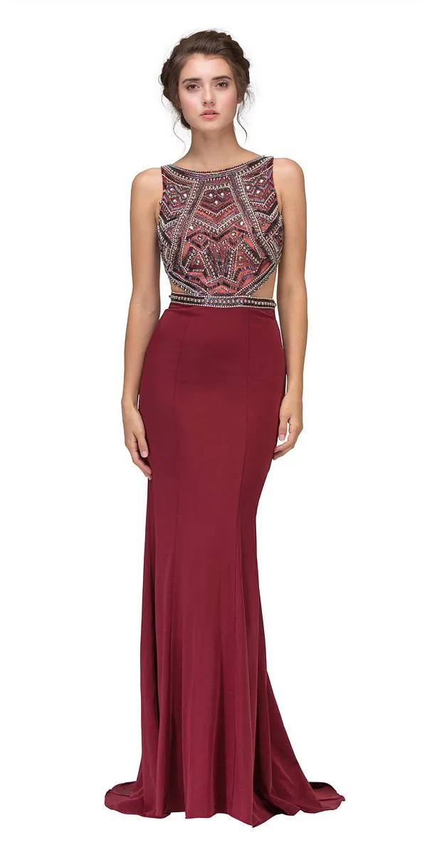 Eureka 6200 Long Beaded Cut Out Bodice Fitted Gown