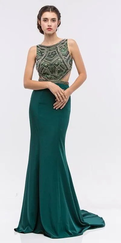 Eureka 6200 Long Beaded Cut Out Bodice Fitted Gown