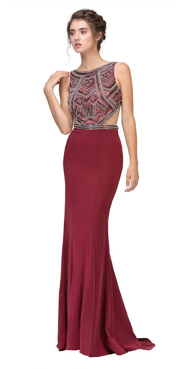Eureka 6200 Long Beaded Cut Out Bodice Fitted Gown