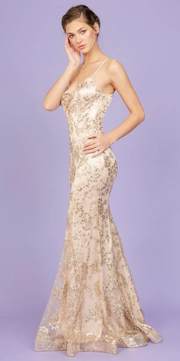 Eureka 9788 Long Glitter Prom Gown with Spaghetti Straps