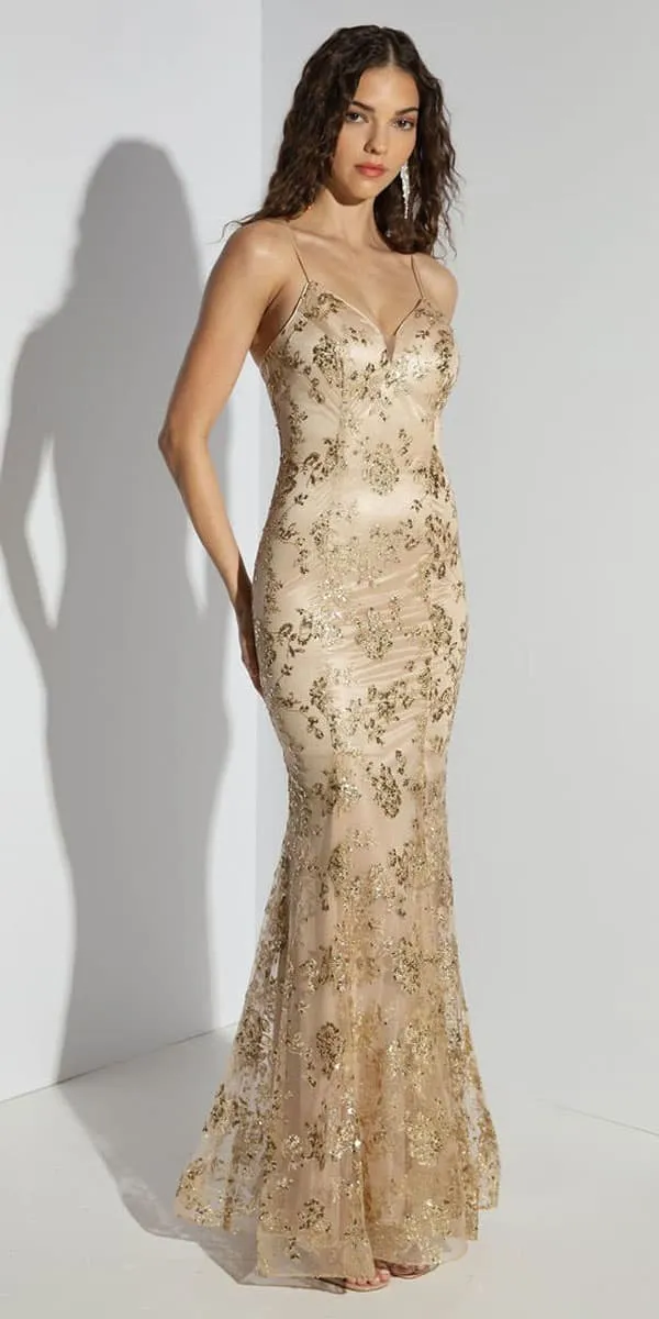Eureka 9788 Long Glitter Prom Gown with Spaghetti Straps