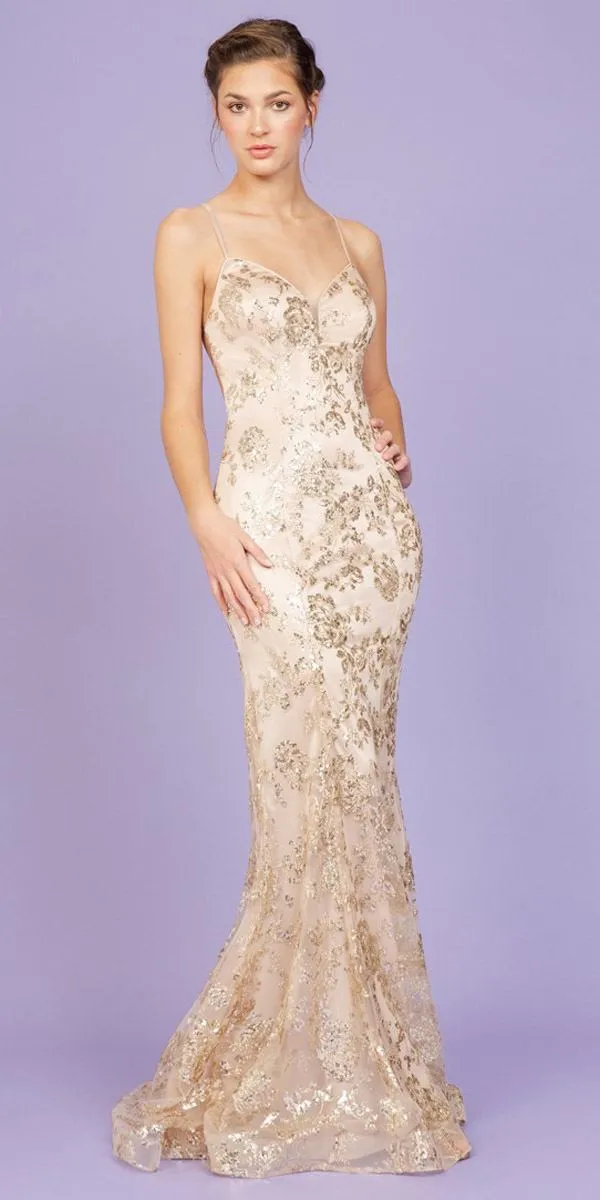 Eureka 9788 Long Glitter Prom Gown with Spaghetti Straps