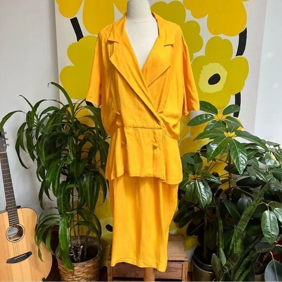 Fierce Plus Size Vintage 1980s Marigold Double Breasted Peplum Suit Midi Dress