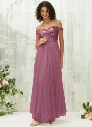 [Final Sale] Dusty Rose Sequin Tulle Off-Shoulder Maxi Flowy Bridesmaid Dress