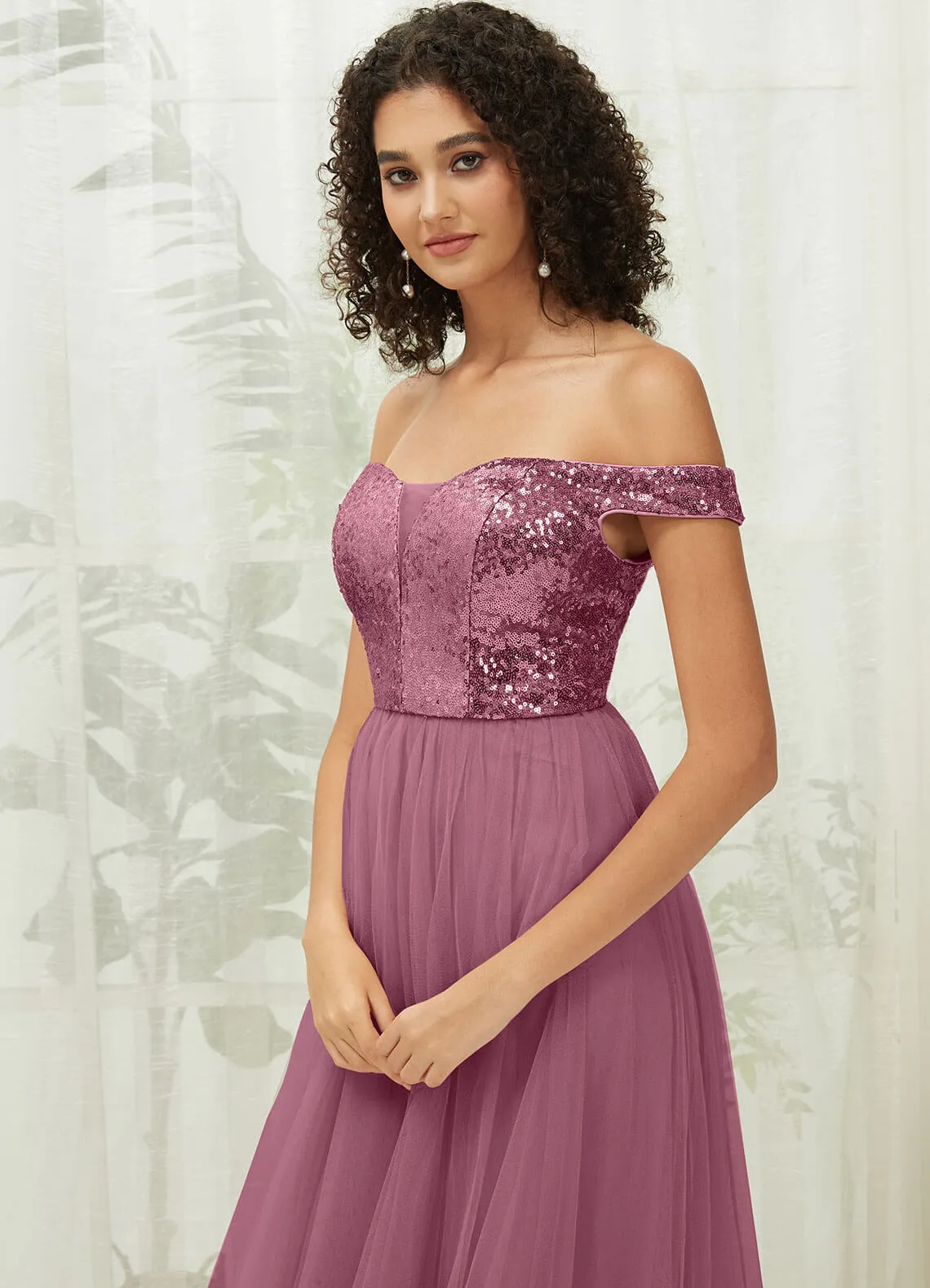 [Final Sale] Dusty Rose Sequin Tulle Off-Shoulder Maxi Flowy Bridesmaid Dress