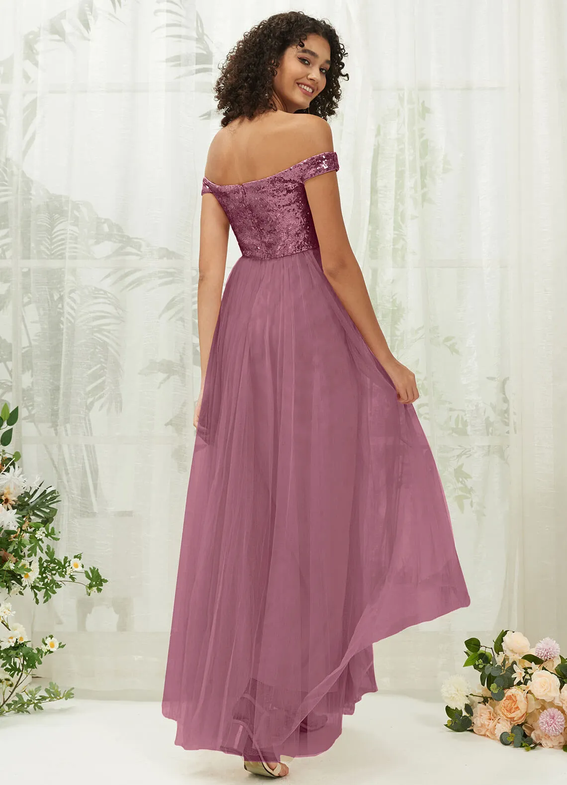 [Final Sale] Dusty Rose Sequin Tulle Off-Shoulder Maxi Flowy Bridesmaid Dress
