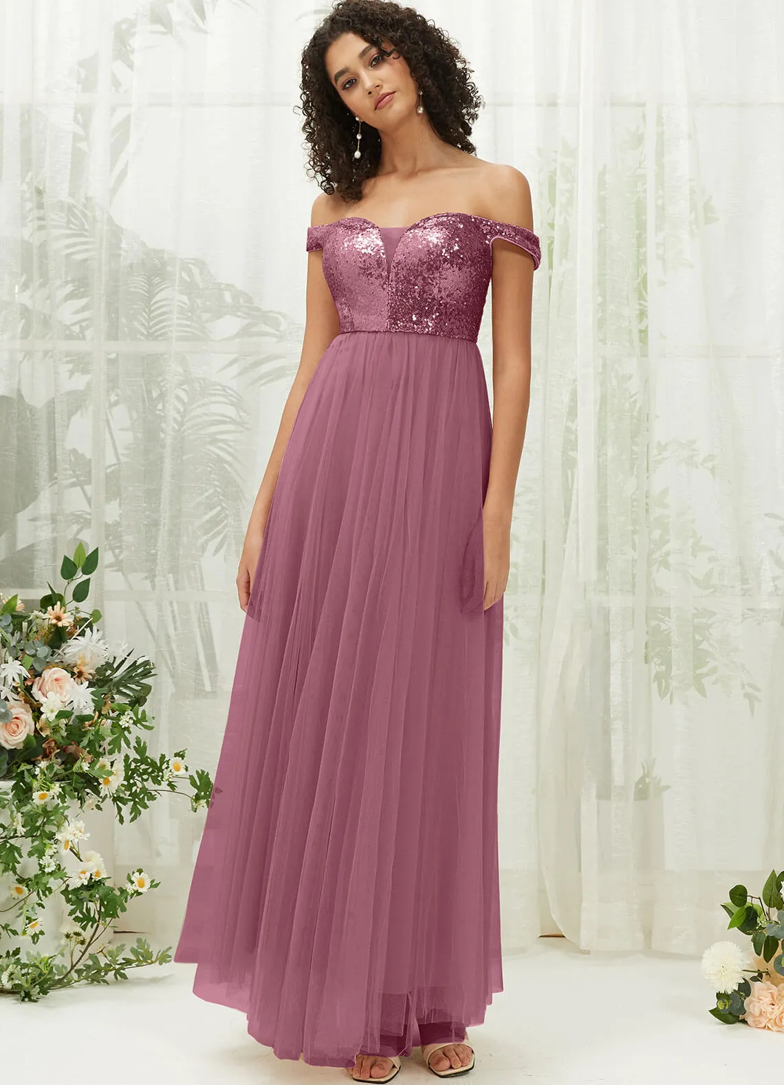 [Final Sale] Dusty Rose Sequin Tulle Off-Shoulder Maxi Flowy Bridesmaid Dress