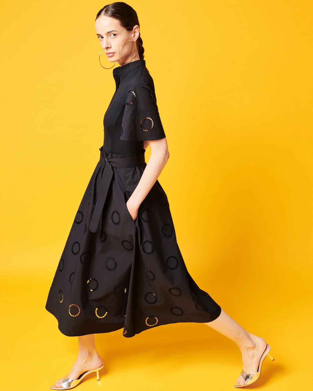 Fit & Flare Circle Embroidery Midi Shirt Dress