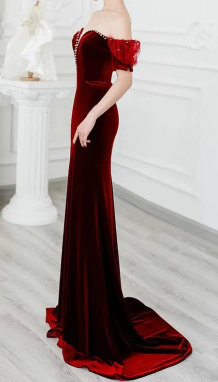 Fit and Flare Short Sleeve Dark Red Velvet Pageant Dress