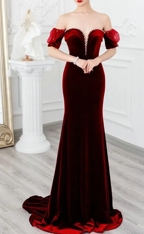 Fit and Flare Short Sleeve Dark Red Velvet Pageant Dress